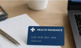 Health insurance card with a calculator and paperwork on a desk