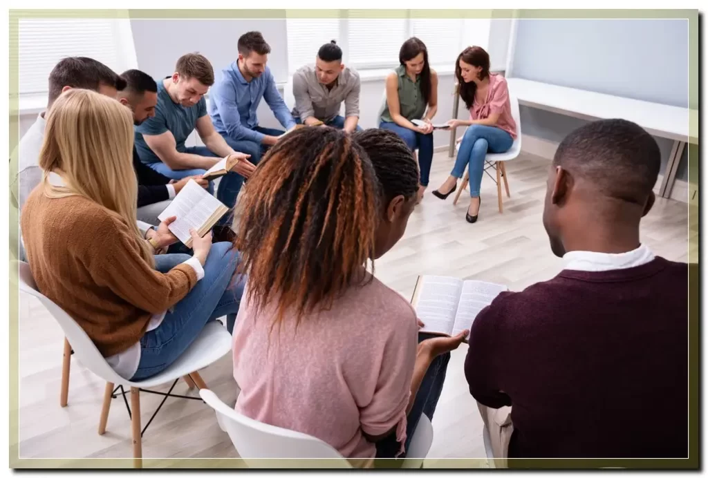a group of people sitting in a circle reading the bible in Christian Drug Rehab Centers in Connecticut