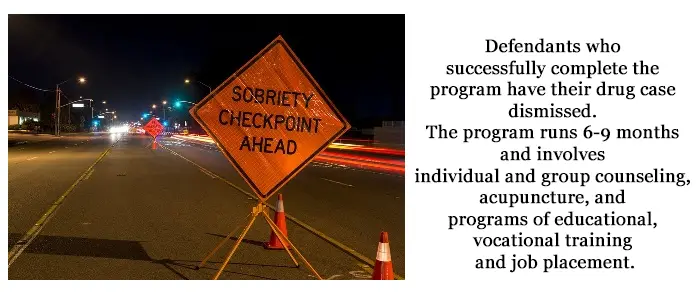 Sobriety check point road sign, "Defendants who successfully complete DWI or DUI Court Referral Programs in Kansas have their drug case dismissed. The program runs 6-9 months and involves individual and group counseling, acupuncture, and programs of educational, vocational training and job placement."