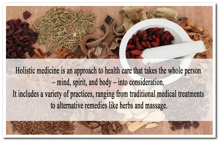 Holistic medicine is an approach to wellness that simultaneously addresses the physical, mental, emotional, social, and spiritual components of health.