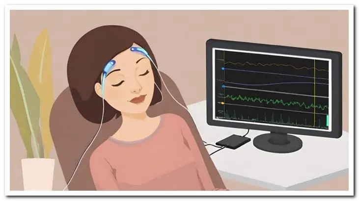 Patient doing biofeedback with electrodes on her head.