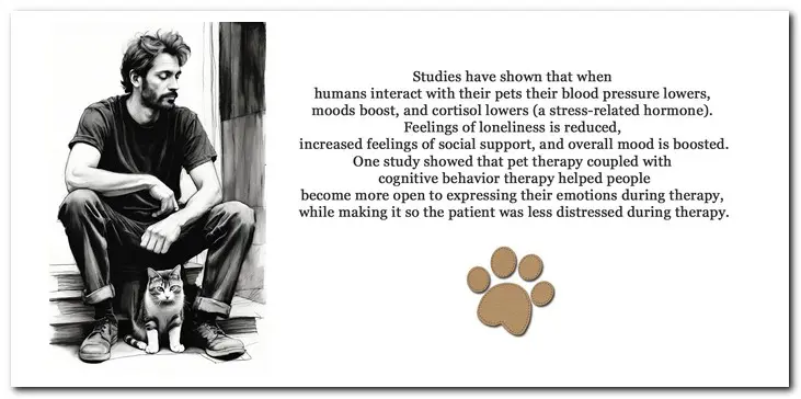 Studies have shown that when humans interact with their pets their blood pressure lowers, moods boost, and cortisol lowers (a stress-related hormone). Feelings of loneliness is reduced, increased feelings of social support, and overall mood is boosted. One study showed that pet therapy coupled with cognitive behavior therapy helped people become more open to expressing their emotions during therapy, while making it so the patient was less distressed during therapy.