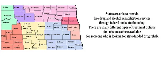 The state of North Dakota is able to provide free drug and alcohol rehabilitation services through federal and state financing. There are many different types of treatment options for substance abuse available for someone who is looking for state-funded drug rehab.