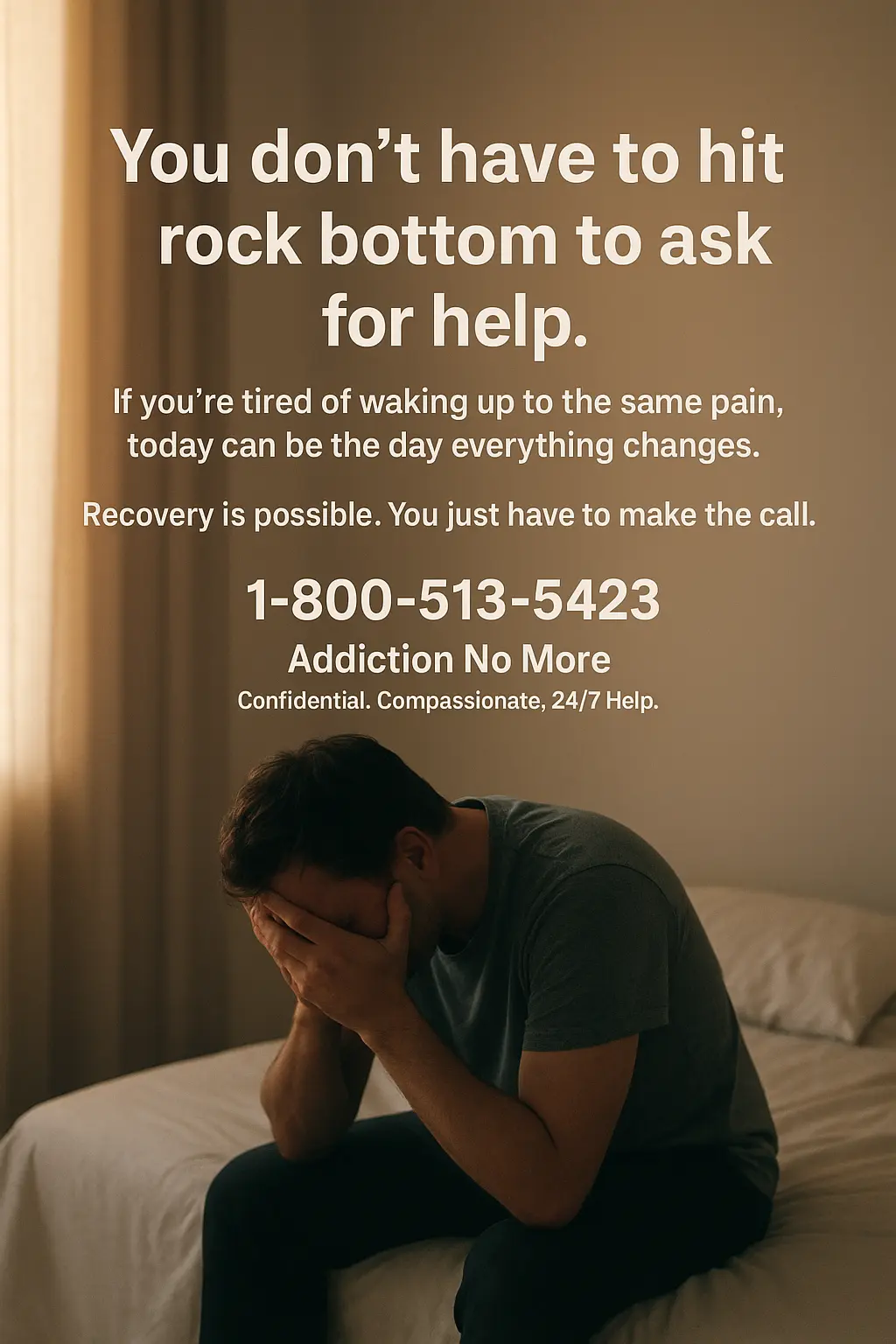 You don’t have to hit rock bottom to ask for help. If you’re tired of waking up to the same pain, today can be the day everything changes. 🌅 Recovery is possible. You just have to make the call. 📞 1-800-513-5423 — Addiction No More Confidential. Compassionate. 24/7 Help.