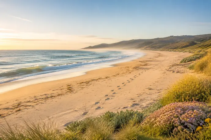 Peaceful California beach with footprints leading along the shoreline