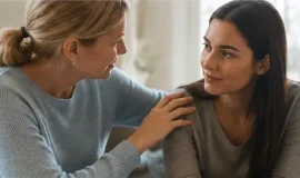 Two women talking together while one offers support to the other