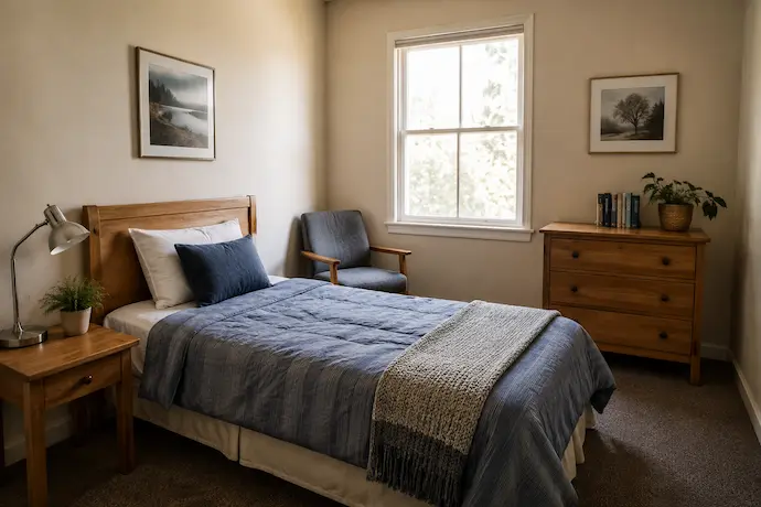 Comfortable bedroom representing inpatient drug and alcohol treatment accommodations