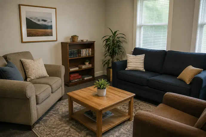 Comfortable shared living area representing an inpatient addiction treatment residence