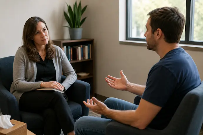 Client speaking with a counselor during an outpatient addiction treatment appointment