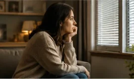 Concerned woman sitting alone at home and looking out a window