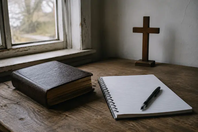 Open Bible, journal, and cross representing Christian addiction recovery